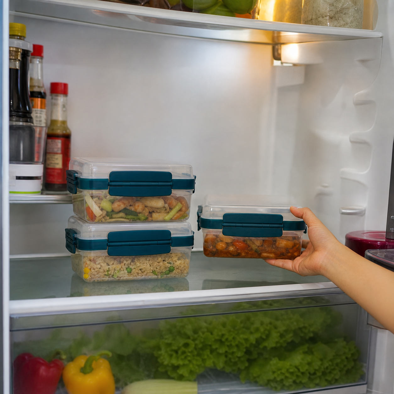 Everyday Rectangle Combo: Dinner leftovers organised inside a refrigerator — image 2 of 10