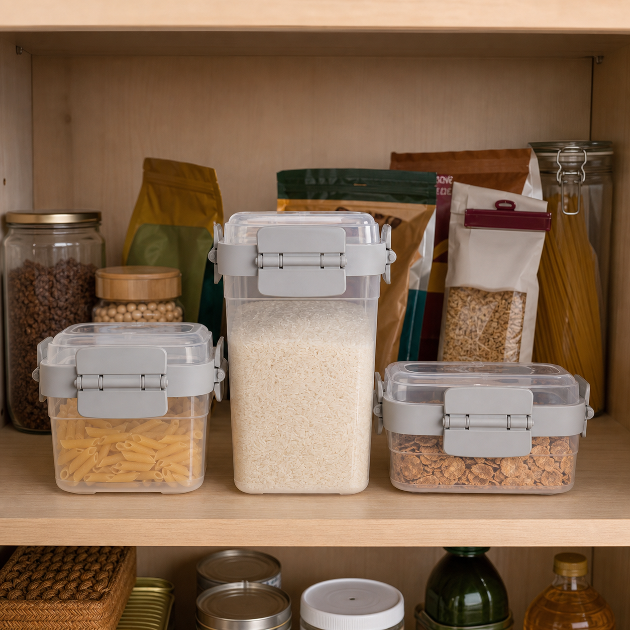 Pantry Square Set: Rice, pasta and cereal organised in a home pantry — image 2 of 10