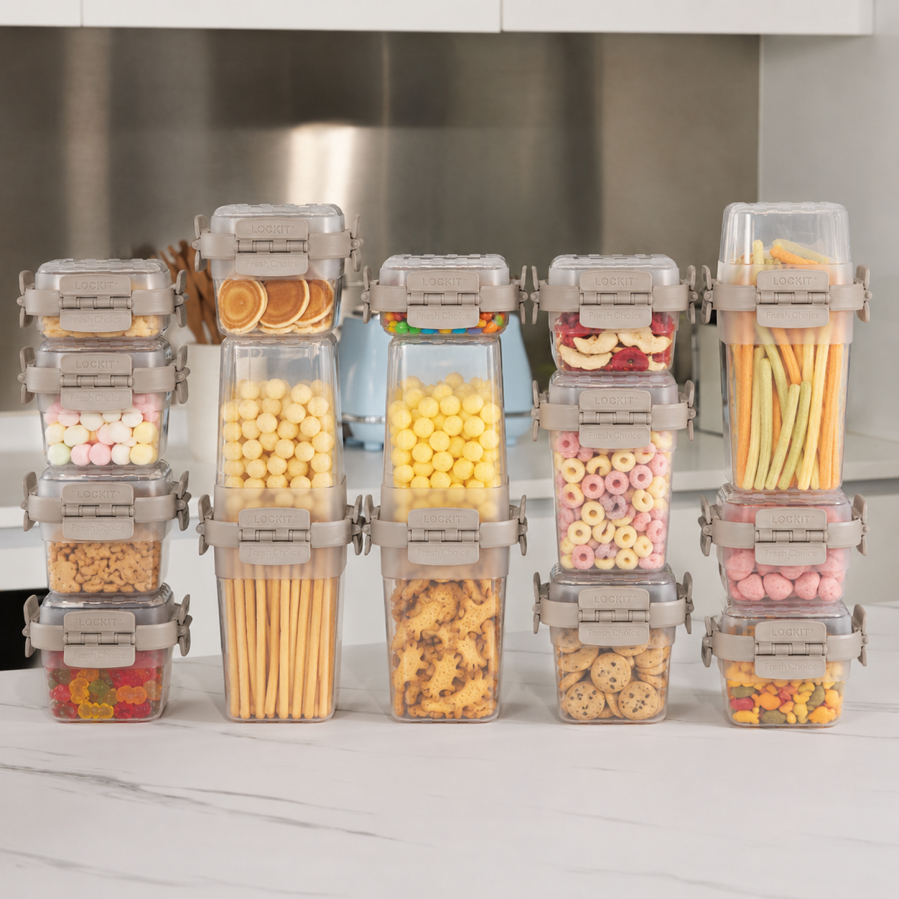 LOCKIT containers filled with children's snacks