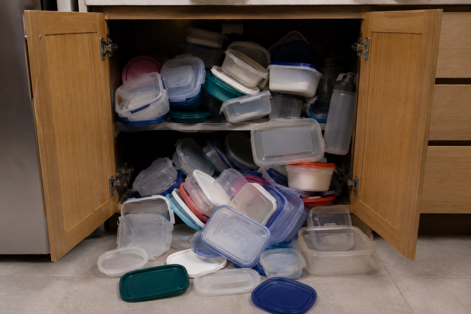 Kitchen drawer full of random mismatched lids