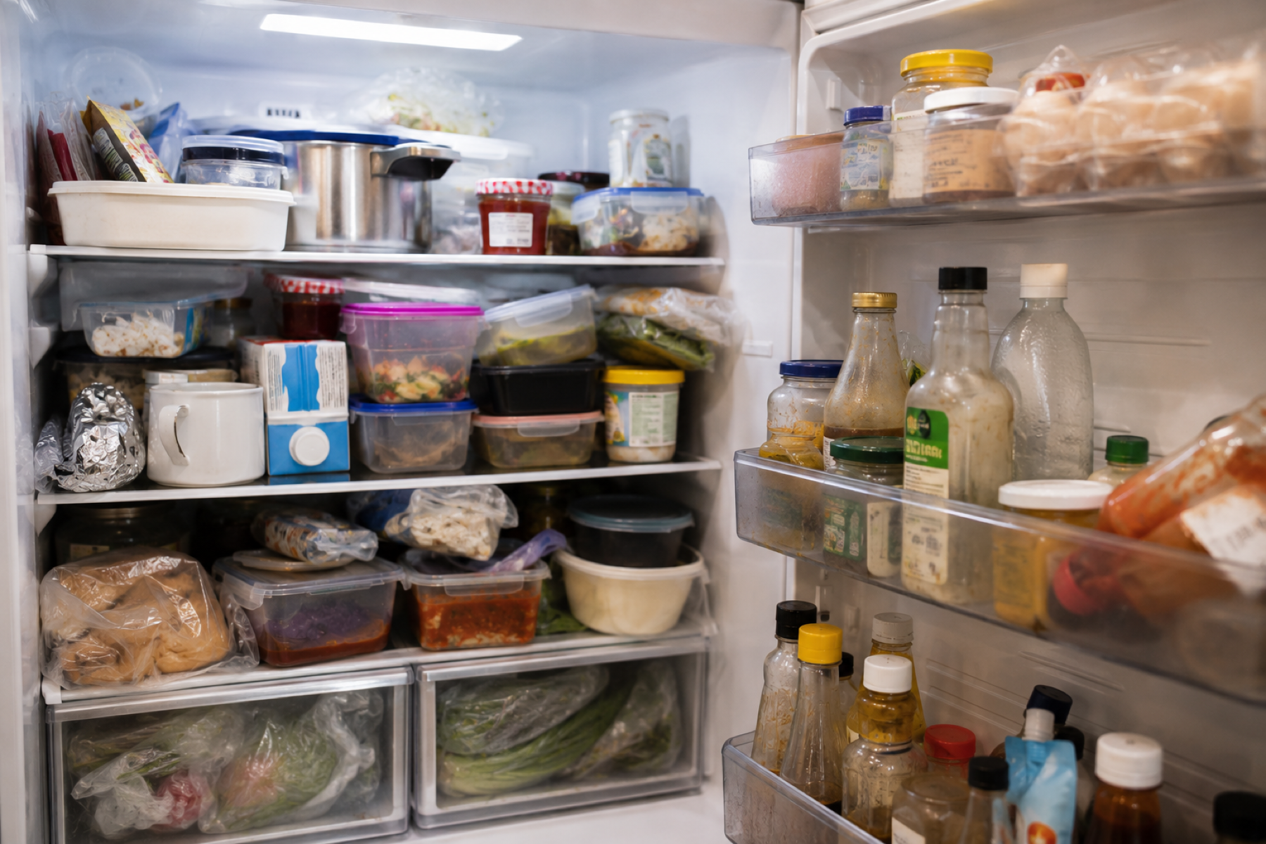 Messy countertop with mismatched container sizes and lids